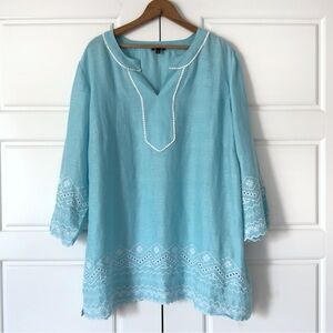 Talbots Embroidered Linen Tunic Top Womens 2X Blue Floral Coastal Chic Beach